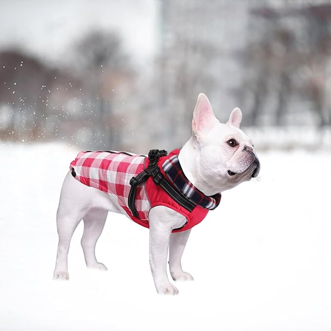 Dog Coat with Harness,Small Dog Winter Coat,Doggie Jackets with Built in Harness,Adjustable Warm Jacket for Medium Large Dogs,Pet Puppy Cold Weather Coats for Dogs Waterproof (PlaidPink, Medium)