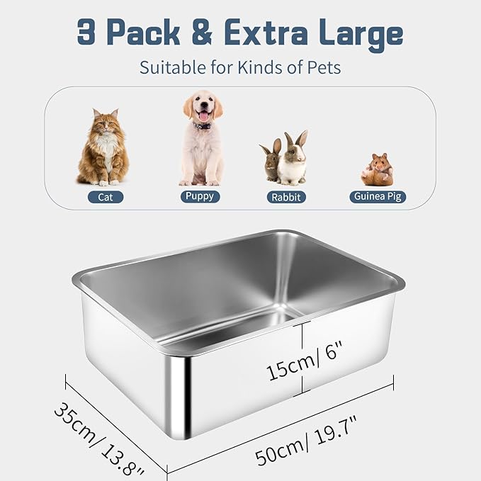 Stainless Steel Litter Box, 3 Pack 19.7"x13.8"x5.9" Large Metal High Sided Cat Litter Pan, Stainless Steel Box Splash-Proof and Non-Stick Cat Poop Box odorless