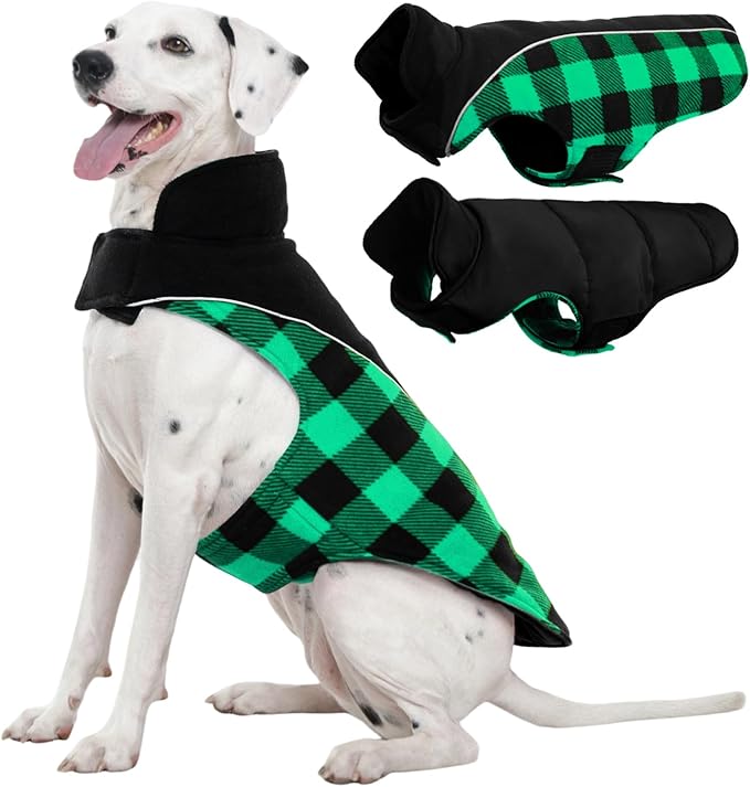 Kuoser Dog Winter Coat, Reversible Waterproof Dog Jacket with Reflective Strip, Warm Dogs Fleece Vest Adjustable Doggy Cold Weather Clothes Plaid Christmas Outfit Pet Apparel for Large Dogs, Green 2XL