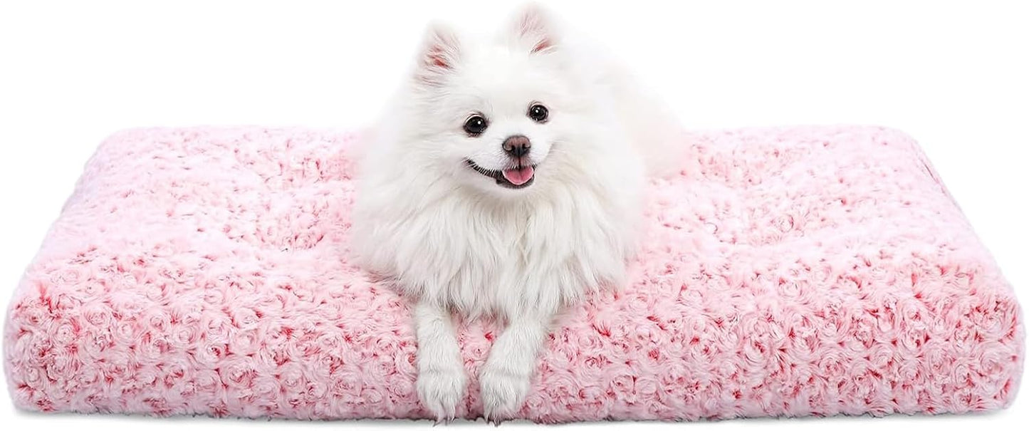 KSIIA Washable Dog Bed Deluxe Plush Dog Crate Beds Comfy Kennel Pad Anti-Slip Pet Sleeping Mat for Large, Jumbo, Medium, Small Dogs Breeds, 29" x 21", Pink