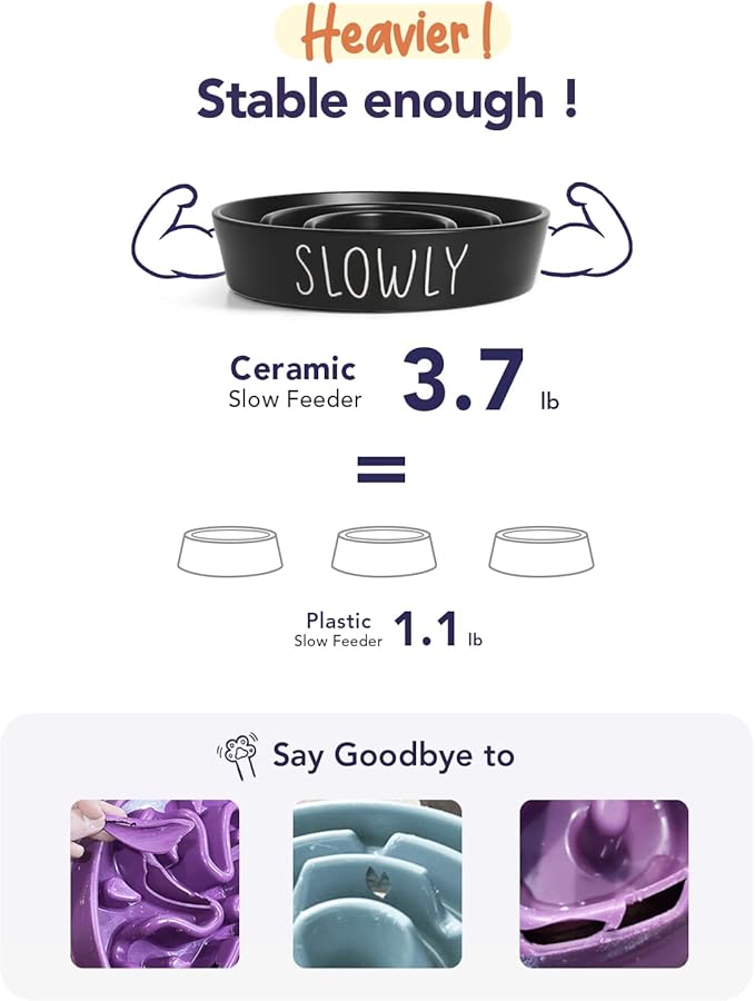 Slow Feeder Dog Bowl - Ceramic 3 Cup Puzzle Maze for Medium & Large Breeds, Puppies & Fast Eaters, Pet Food Dish Black