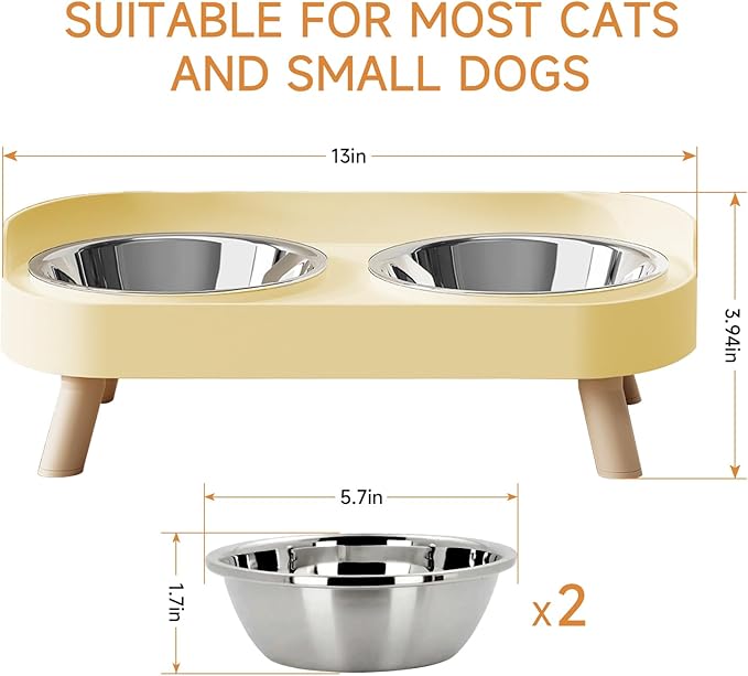 Elevated Cat Bowl, Raised Cat Food and Water Bowl Set for Indoor Cats, Splash Proof with 2 Stainless Steel Pet Food Bowls for Cats and Puppies, Whisker Fatigue and Dishwasher Safe - Yellow