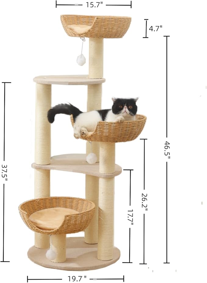 SHENGOCASE Modern Cat Tree Tower, 3 Large Rattan Wicker Basket Beds, Window Perch for Cats up to 20 lbs
