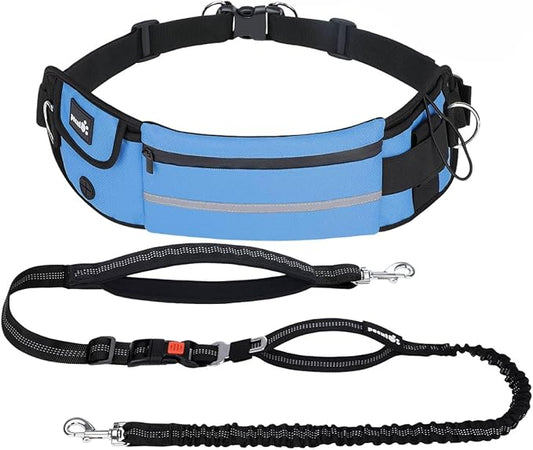 Pecute Dog Leash Hands Free with Pouch, Waist Belt Fanny Pack with Soft Pads, Dual Handles and Durable Bungee for Walking, Dog Seat Belt, Hiking, Running, Training,Blue(Up to 180lbs)
