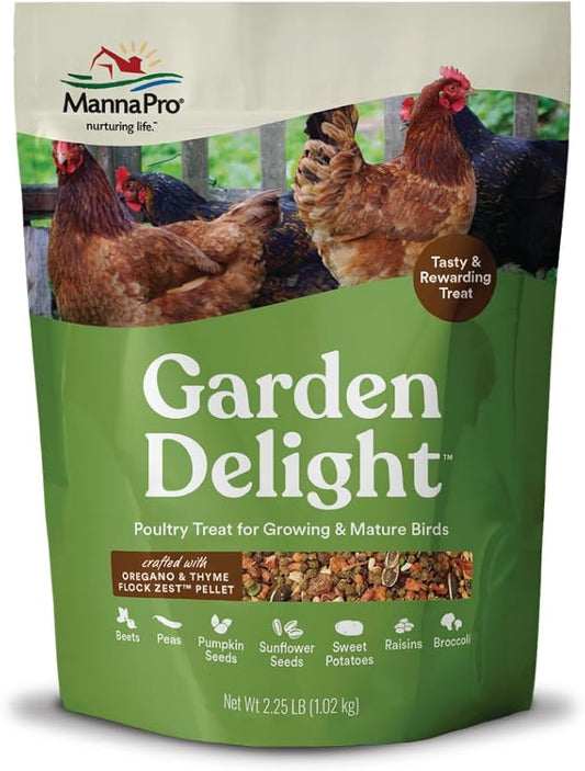 Manna Pro Garden Delight Chicken Treat, Dried Vegetable & Herb Treat Mix for Chickens, Ducks, and Poultry, Natural Coop Enrichment Snack for Hens and Backyard Birds, Made in USA, 2.25 lb Bag
