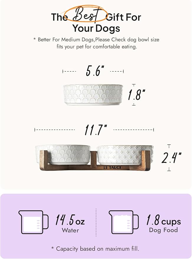 LE TAUCI Dog Bowl Set with Acacia Wood Stand - 1.5-Cup Ceramic Puppy Bowls for Small Dogs, Dual Food and Water Bowls with Weighted Non-Slip Base, Clover
