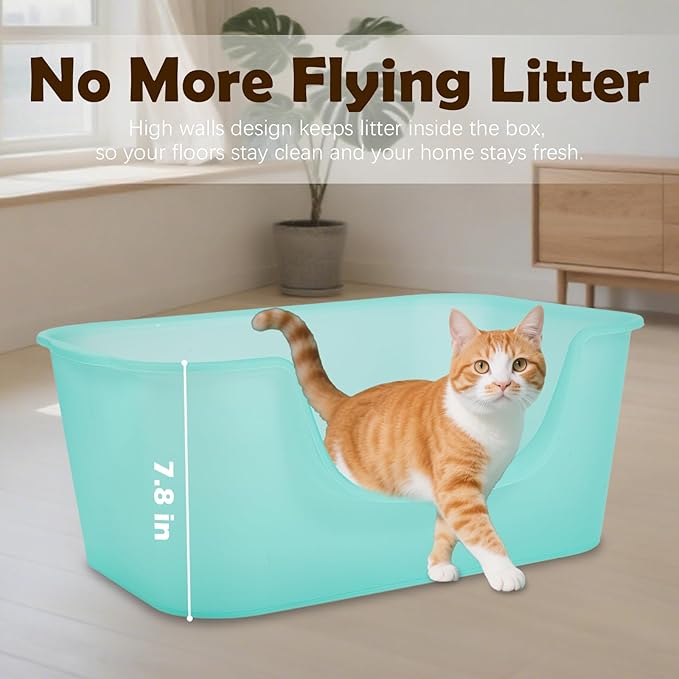 Large Cat Litter Box with High Sides for Indoor Multi Cats,Big Low Entry Cat Litter Pan Kitty Litter Box for Kittens & Senior Cats,Open Top Waterproof Anti-Splashing High Wall Cat Box (Blue)