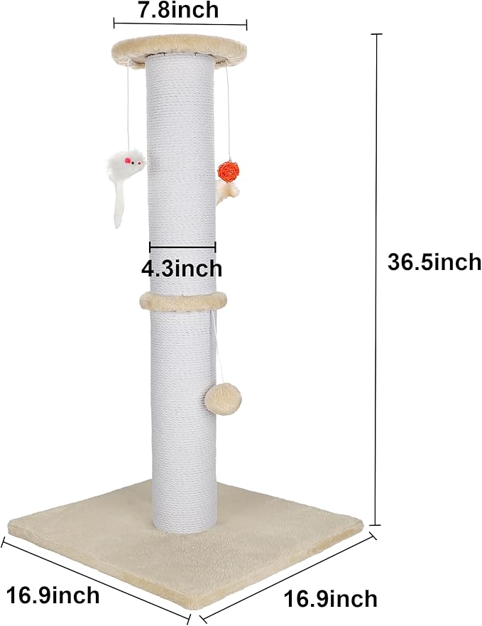 36.5 Inch Cat Scratching Post Heavy Duty Cat Scratch Post Handmade Cotton Rope with Hanging Toys for Ultimate Cat Fun(Beige)