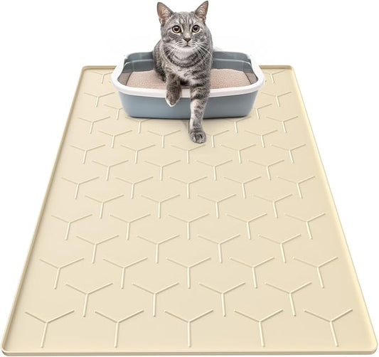 Silicone Cat Litter Trapping Mat, Large Waterproof 34" X 22" Cat Litter Box Mat, Easy to Clean, Beige
