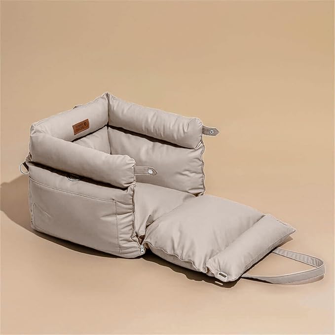 FUNNYFUZZY Dog Car Seat for Medium Sized Dogs, Waterproof 3 in 1 Soft Leather Dog Car Bed for Travel and Home,Portable and Safety,Fits Pets Up to 35 lbs(Khaki)