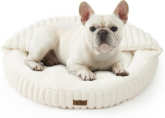 Small Dog Bed with Hooded Blanket, Round Fluffy Anti-Anxiety Pet Bed for Small Dogs & Medium Dogs, Cozy Donut Cuddler with Machine Washable Faux Fur & Anti-Slip Bottom(26"×26"×7",Cream)