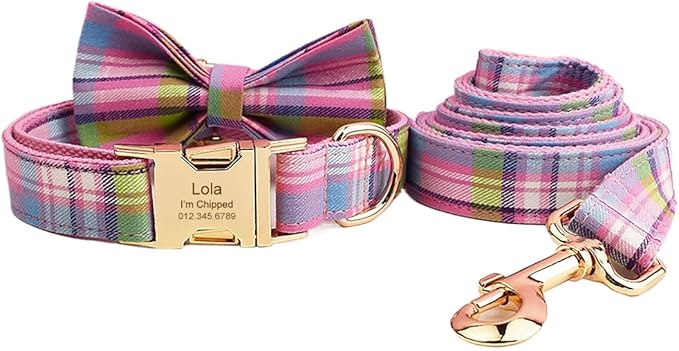 Custom Dog Collar with Names and Phone Number Engraved, Puppy Tags Personalized for Small Medium Large Pets (Colorful Plaid, S)