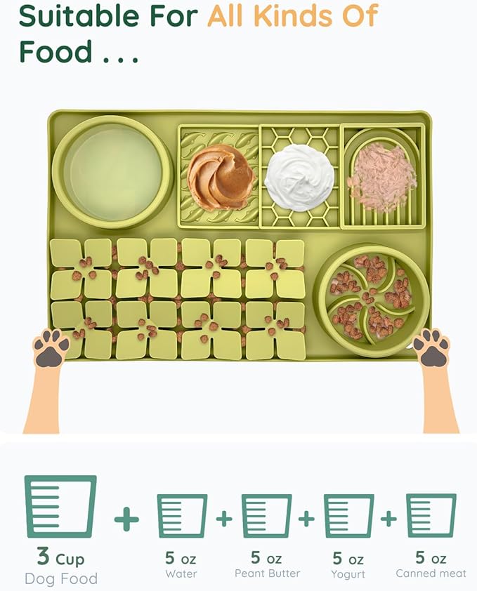 Slow Feeder Bowl, Silicone Lick Mat with Suction Cups for Dog Cat, Snuffle Mat for Pet Smell Training, Puzzle Toys for Bored Puppy, Interactive Sniff Mat for Slow Eating and Keep Busy, Green