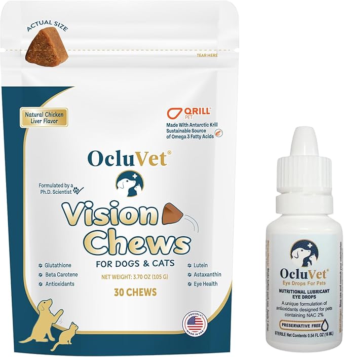 Bundle Eye Supplements for Dogs & Cats | Vision Chews with Omega-3 for All Ages | Includes 30 Chicken Liver Flavored Chews & Pet Eye Drops, 16 mL | Antioxidants & 2% NAC for Cataracts