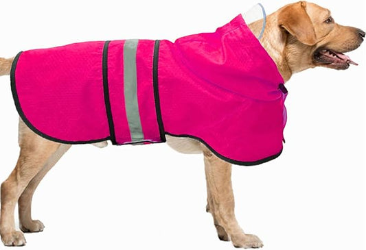 Dog Raincoat Waterproof Reflective Slicker - Lightweight Breathable Hooded Poncho Rain Coat Jacket with Adjustable Belly Strap and Leash Hole for Small Medium Large Dogs (Pink, Large)