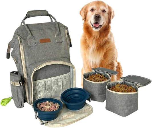 Tito's Closet Dog Travel Bag Includes Pet Travel Accessories 2-Pack Travel Bowl, 2 Dog Food Containers, Treat Bag (Gray), DB2024