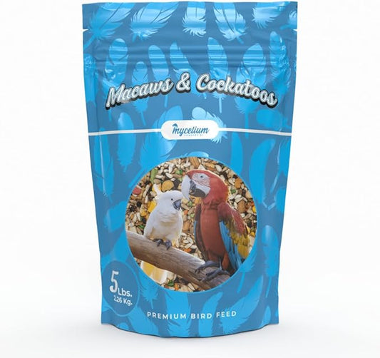 Mycelium Premium Macaw and Cockatoo Plus | High in Protein & Fat | Clean & Safe Food for Pet Birds | Seed Mix with Egg, Corn, Vitamins, Peanuts & Hemp Hearts | Organic & Non-GMO 5 lb Bag