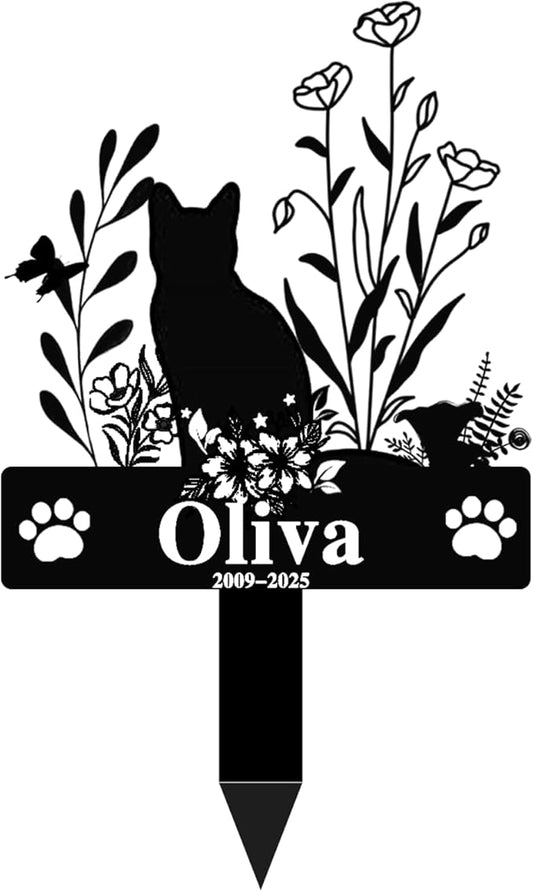 Custom Cat Grave Marker Cat Burial Stake, Personalized Butterfly Flowers Cat Memorial Garden Stake, Metal Cat Memorial Plaque for Outdoors, Customized Pet Headstone