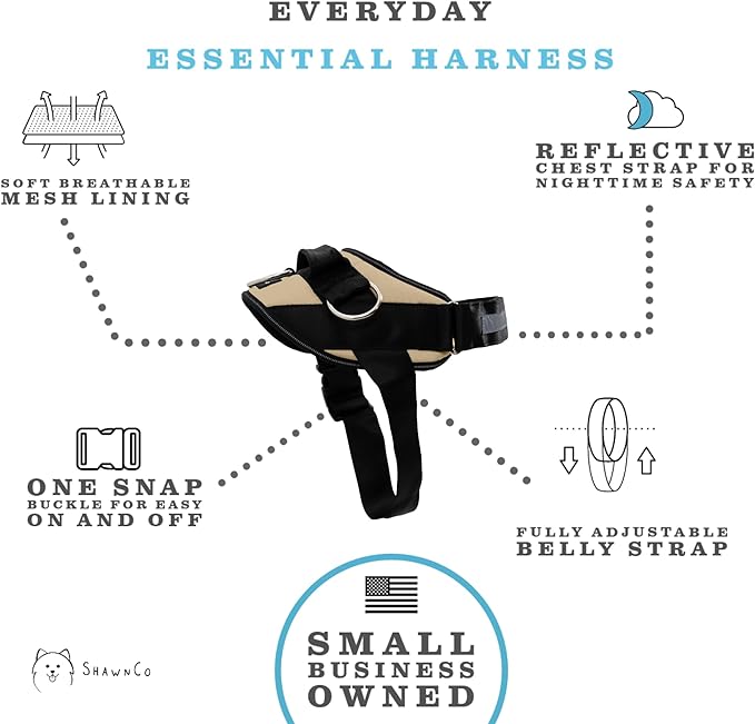 ShawnCo Essential Dog Harness, No-Pull Pet Vest with 3 Leash Clips, No Choke, Reflective, Adjustable and Padded, for Easy Walking and Training for Small, Medium and Large Dogs (Driftwood, XS)