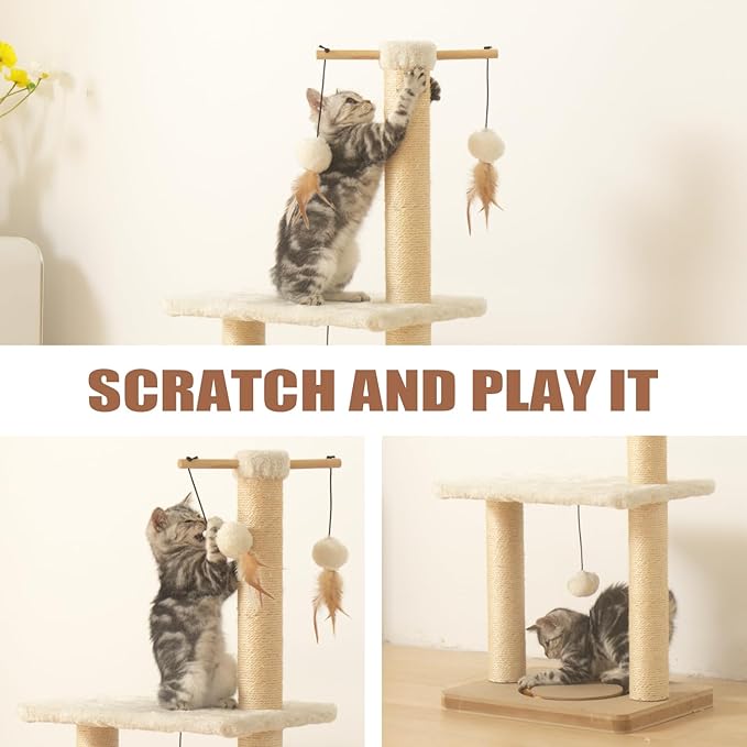 PEEKAB Cat Scratching Post 31in Tall Sisal Scratch Posts with Perch Tracking Interatcive Toys Vertical Scratcher for Indoor Cats and Kittens,Three Hanging Ball Self Massage Brush Beige