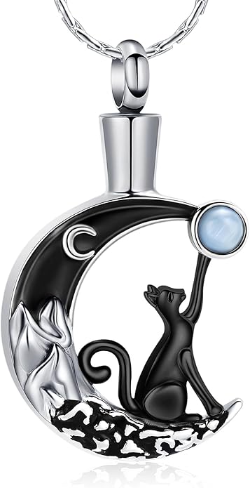 constantlife Cat Moon Urn Necklace for Women Pet Cremation Jewelry for Ashes Stainless Steel Pendant Funeral Keepsake Loved Ones Memorial Gift