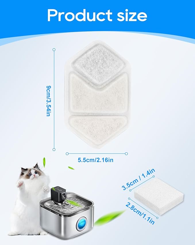 24 Pack Cat Water Fountain Filters Compatible with Speedeer Wireless Cat Fountain Stainless Steel Filters 135oz/4L ZTI0506 Filter for Cats with Pre-Filter Sponges