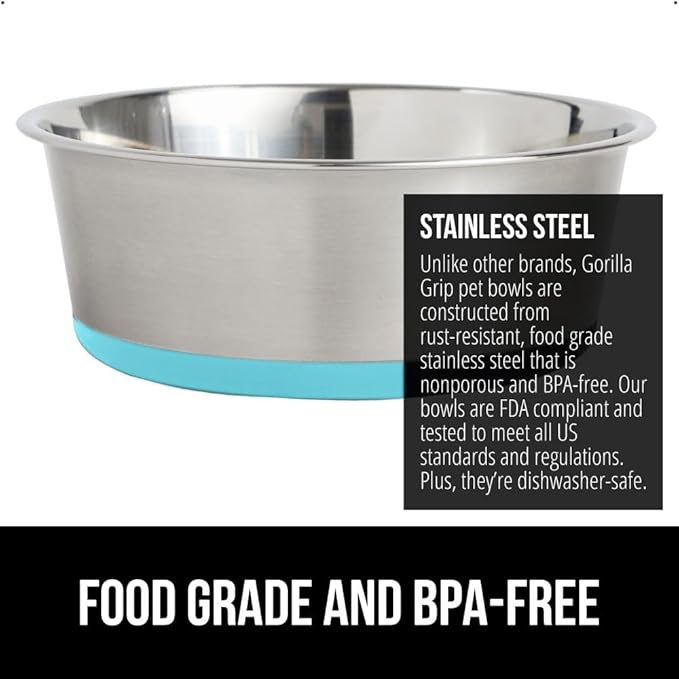 GORILLA GRIP Set of 2 Dog Bowls, Heavy Duty Metal Food and Water Bowl for Feeding Dogs and Cats, Dishwasher Safe Rust Resistant Stainless Steel, BPA Free Rubber Base, Holds 2 Cups (16 fl oz) Turquoise