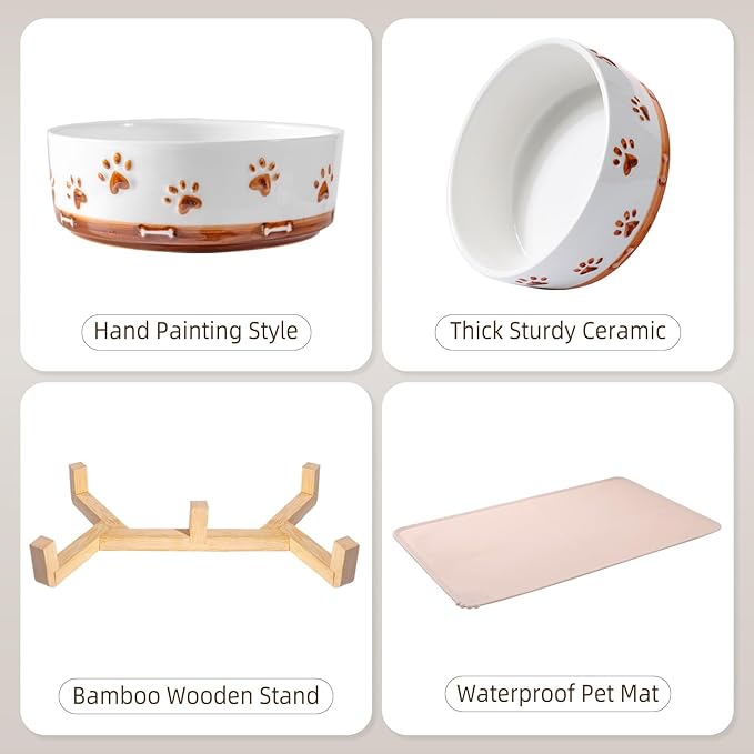 Dog Bowls with Wood Stand, 1.7 Cups Ceramic Puppy Bowls with Mat for Small Dog Weighted Water and Food Bowl Set for Dogs Cats, Non-Slip Pet Feeding Dish 13.5 Oz