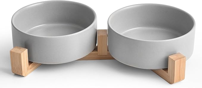 Grey Ceramic Dog & Cat Bowl Set – 13.5 OZ with Wooden Stand, Non-Slip, Elevated Design for Small Dogs & Cats – 2 Bowls (Food & Water, Ceramic Pet Bowls, Modern Dog Bowls)
