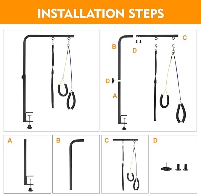 Dog Grooming Arm, Adjustable Pet Grooming Arm with Clamp for Small and Medium Dogs,Grooming Loop and No Sit Haunch Holder (Black, 29" H Arm + Heavy Duty Clamp + Hammock)