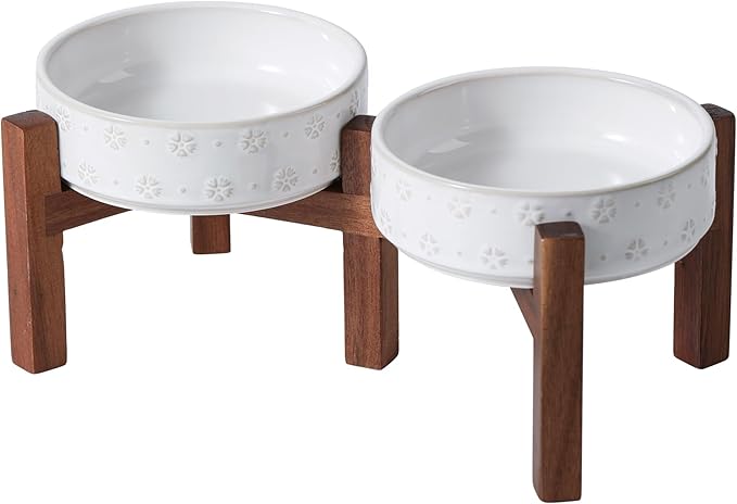 6.1inch Ceramic Raised Double Bowls Set with Acacia Wood Stand, 2 Heights Elevated, Food & Water Bowls for Toy Breed Dogs, Kitty, Cats, Pet Bowl(13.5OZ, Arctic White)