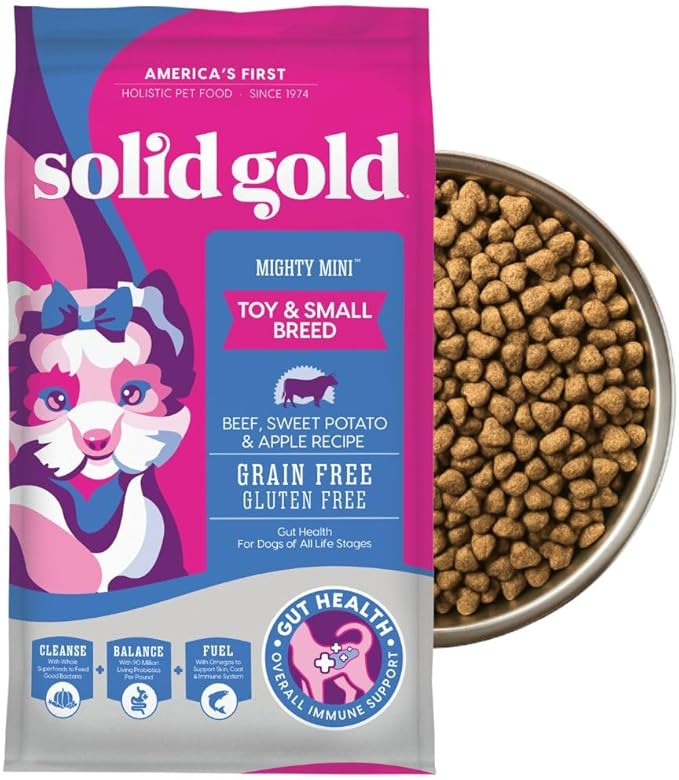 Solid Gold Toy & Small Breed Dry Dog Food Small Bites – Real Beef, Grain Free, Gluten Free, High Fiber Kibble with Probiotics for Gut Health & Digestion Support – Healthy Dog Food All Ages – 4LB