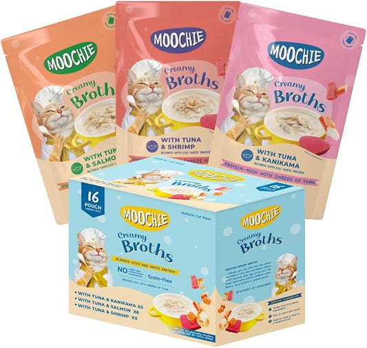 MOOCHIE Grain Free Creamy Seafood Multipack Cat Broth - Real Salmon, Shrimp, Kanikama - No Artificial Flavors or Preservatives - 16 x 1.4 oz Pouch
