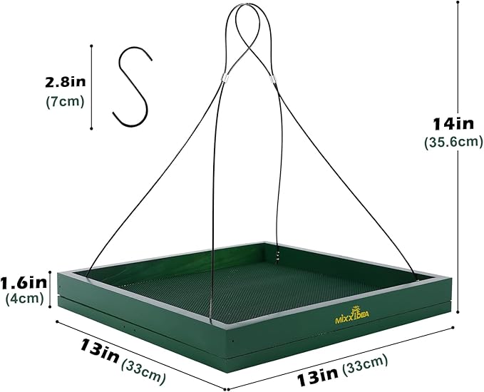 MIXXIDEA Bird Feeder Hanging Tray, Bird Feeders for Outdoors, Wooden Seed Tray Platform Mesh Seed Platform for Garden Yard Outside Decoration Attracting for Wild Birds (Green-1pk)