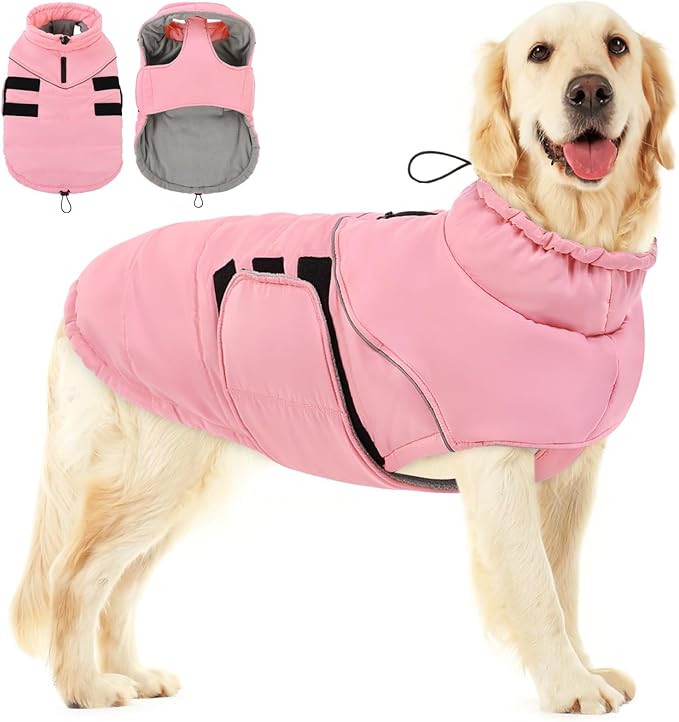 Peferhouse Dog Warm Winter Coats for Large Dogs Female, Dog Cold Weather Coat Dog Windproof Reflective Jacket with Harness Hole Thick Dog Vest Jacket Pink 2XL