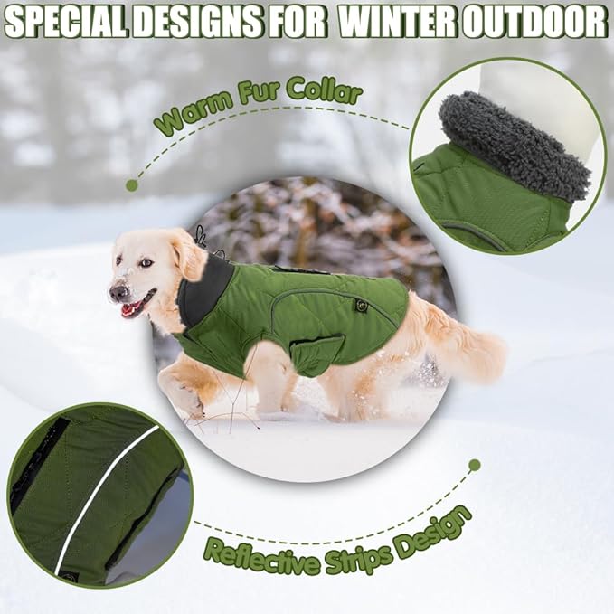 EMUST Dog Winter Coats, Windproof Dog Jackets for Cold Weather with Lofty Collar, Reflective Puppy Clothes for Small Pet Clothes for Dogs, Green, S