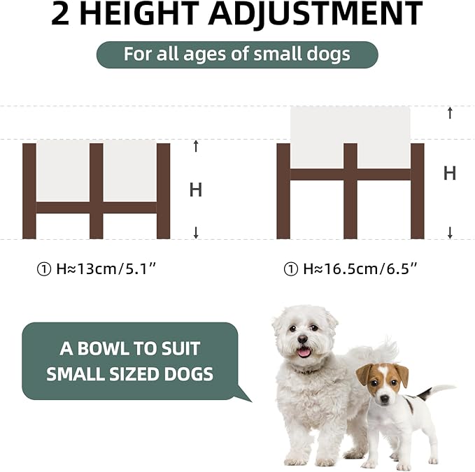 6.1inch Ceramic Raised Double Bowls Set with Acacia Wood Stand, 2 Heights Elevated, Food & Water Bowls for Small Breed Dogs, Weighted Dog Dishes, Pet Bowl(27oz, Arctic White)