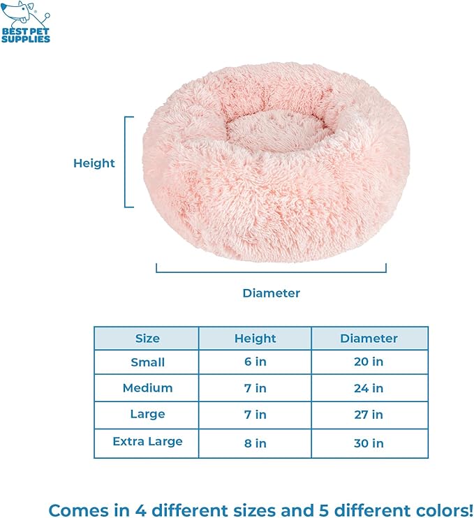 Best Pet Supplies Round Donut Dog Bed with Plush Faux Fur Fabric, Calming, Anti-Anxiety Cushion for Indoor Pets, Slip-Resistant Base, Soft Ergonomic Support - Pink, 30x30x8''