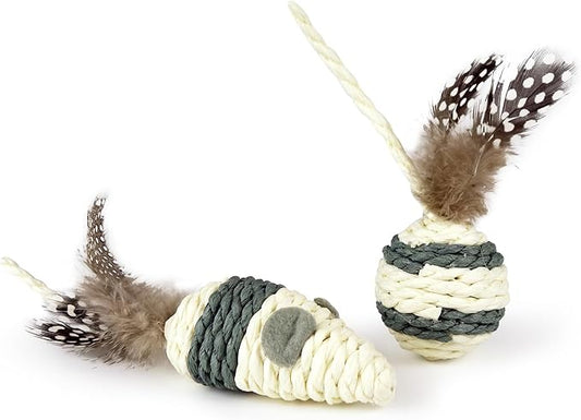 TTcat Cat Toys Set with Paper Rope & Feathers Ball and Mouse - 2 Pack, Interactive Toys for Indoor Cats,Kittens