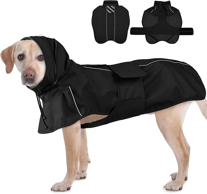 Dog Raincoat Waterproof , Reflective Adjustable Rain Jacket with Leash Hole, Convertible Hood/Collar Rain Coat for Dogs Poncho Breathable Lightweight (Black, XL)