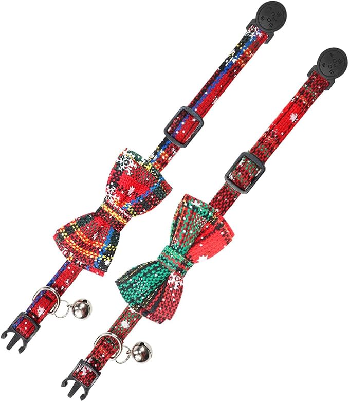 Joytale Upgraded Christmas Cat Collar with Bells, Breakaway Cat Collars with Bow Tie, 2 Pack Girl Boy Safety Plaid Kitten Collars, Christmas Red+Green