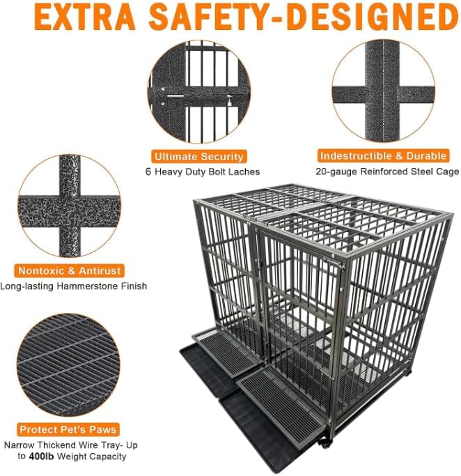 54/48/42/38 inch Heavy Duty Indestructible and Escape-Proof Dog Crate Cage Kennel for Large Dogs, High Anxiety Dog Crate with Removable Wire Trays and Wheels, Extra Large XL XXL