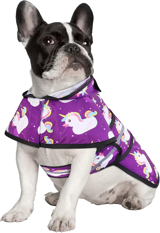 HDE Dog Raincoat Jacket Reflective Adjustable Hooded Pet Poncho Rain Coat with Leash Hole for Small to X-Large Dogs Purple Unicorn Ducks - M