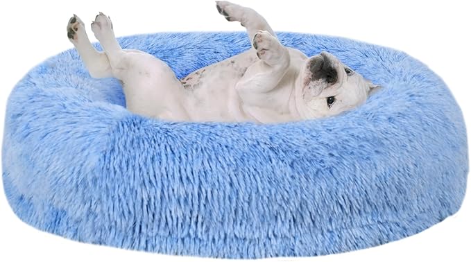 Calming Donut Pet Bed for Cats and Small Dogs, Washable Anti-Anxiety Round Bed with Non-Slip Bottom, [23.62 x 23.62 x 5.9 Inch] Plush Dog Cat Bed for Small Medium Pets(Blue)