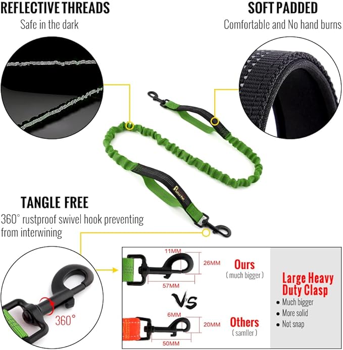 Plutus Pet Hands Free Dog Leash - Soft Padded Dual Handle Retractable Bungee With Reflective Stitches, Adjustable Waist for Walking Running Jogging - Medium Large Dogs