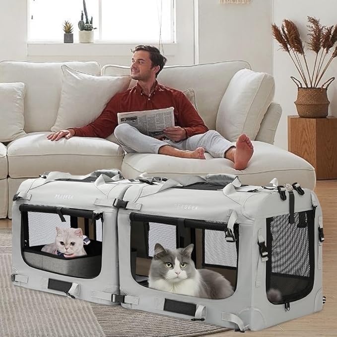 Extra Large Cat Carrier Soft Sided, Portable Small Dog Carrier for 2 Cats, 24"x16.5"x16" Car Travel Folding Comfortable Design with Litter Box and Bowls, Grey-2+ Litter Box+ Bowl*2