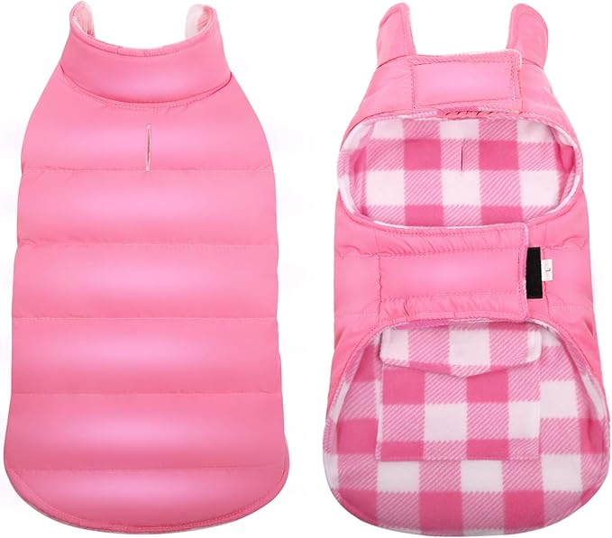 ASENKU Dog Winter Coat, Fleece Doggie Jacket Plaid Reversible Vest Waterproof Windproof Cold Weather Clothes for Small Medium Large Dogs (Pink,3XL)
