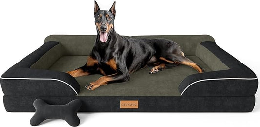 XXL Dog Bed for Extra Large Dogs, Giant Orthopedic Dog Bed with Cooling Gel Memory Foam, Waterproof Pet Bed with Removable Washable Cover, 53" Pet Sofa Bed Dutch Velvet with Bone Toy, Black
