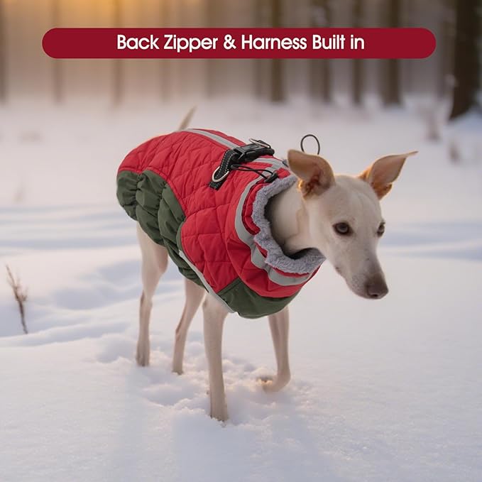 FUAMEY Dog Coat for Small Dogs,Waterproof Dog Winter Jacket with Harness Built in Puppy Cold Weather Coats Reflective Pet Vest with Zipper Warm Fleece Dogs Snowsuit Windproof Christmas S