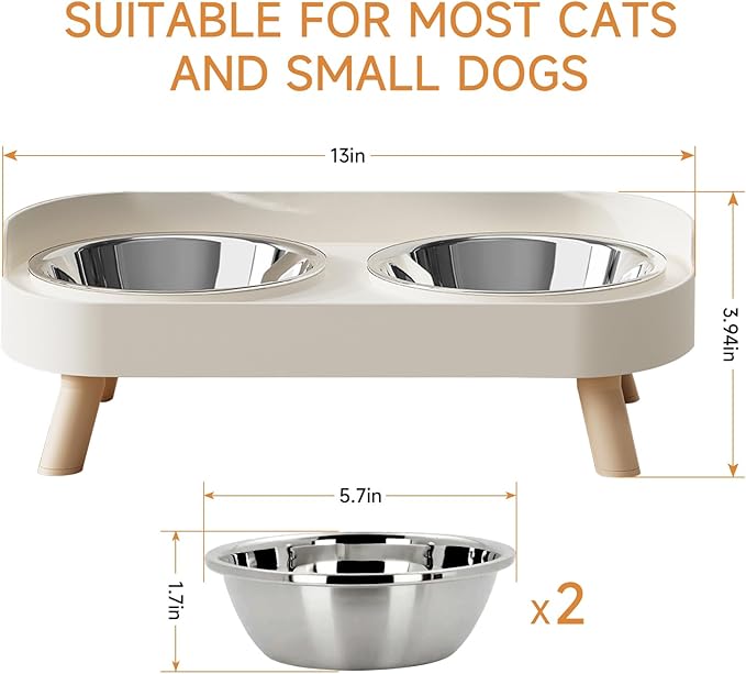 Elevated Cat Bowl, Raised Cat Food and Water Bowl Set for Indoor Cats, Splash Proof with 2 Stainless Steel Pet Food Bowls for Cats and Puppies, Whisker Fatigue and Dishwasher Safe - White